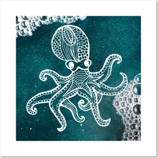 Zentangle Octopus Kraken Teal Sand Boho Mandala Posters and Art